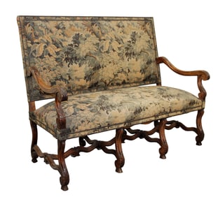 French os du mouton bench settee in walnut with verdure tapestry