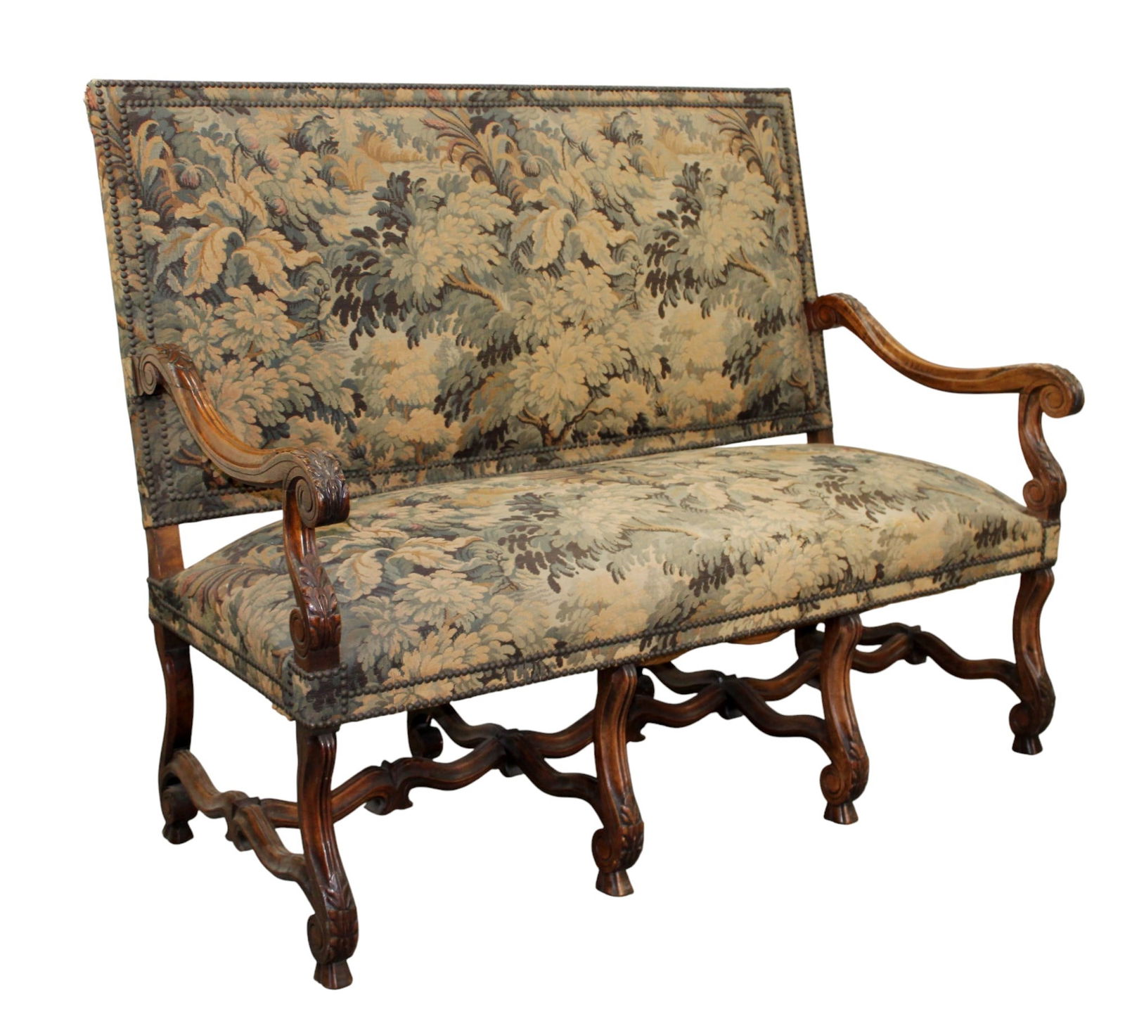 French os du mouton bench settee in walnut with verdure tapestry (1 of 14)