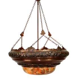 Continental hammered copper pendant chandelier with alabaster dome