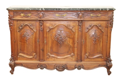 French Louis XV style carved walnut sideboard with marble top