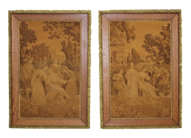 Pair of French woven tapestries with monochromatic Bourgeois scences