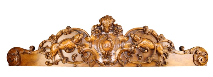 French carved oak crest with hunting dogs and boar head