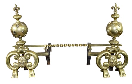 Pair of French chenets in bronze with fleur de lys