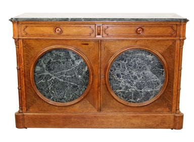 French buffet bas in oak with verdigris marble top and round inset marble plaques