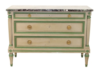 French Louis XVI style painted 3 drawer commode with marble top