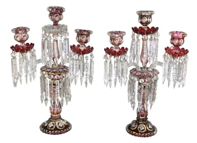 Pair of Bohemian cranberry glass 3-arm lusters