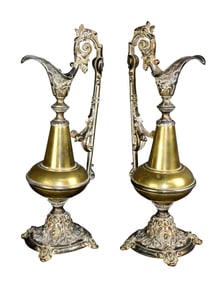 Pair of bronze & brass ewers with grapevine decoration