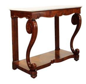 French Empire tall console in walnut on scrolled legs with marble top