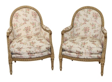Pair of French Louis XVI style curved back bergeres
