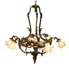 French bronze 6 arm chandelier with floral frosted glass shades