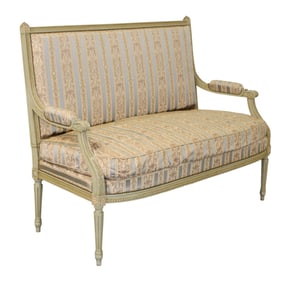 French Louis XVI style settee on fluted legs with striped silk upholstery