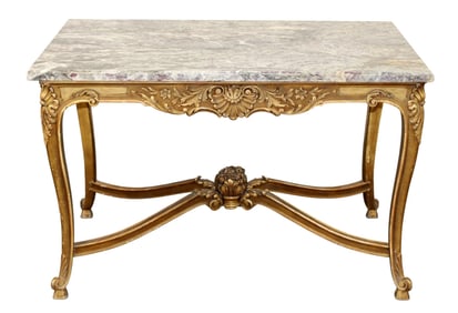 French Louis XV style center table with gilt finish and a marble top