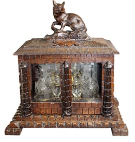 Black Forest tantalus box with carved fox focal