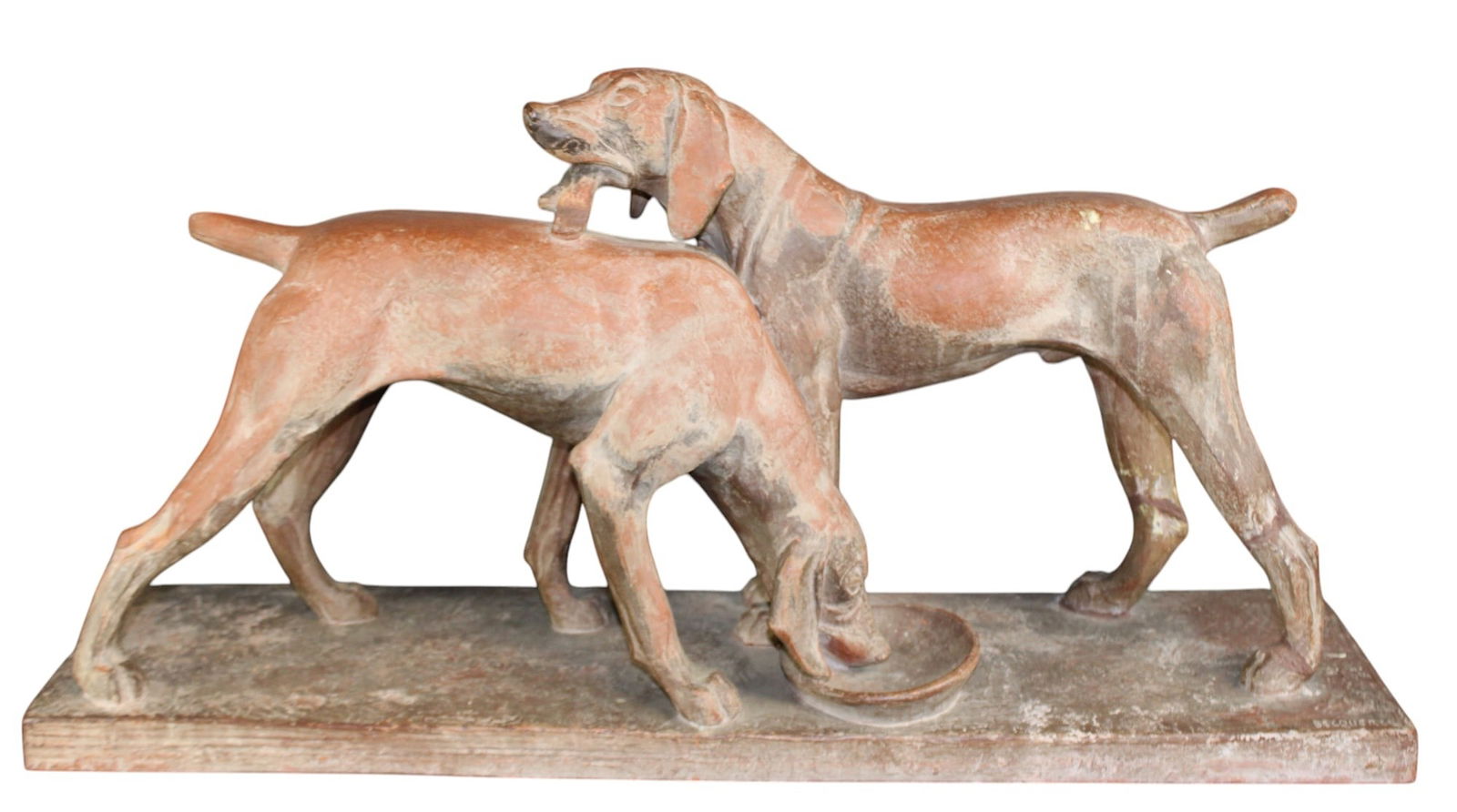 André Vincent Becquerel (French, 1893-1981) terra cotta statue depicting dogs: André Vincent Becquerel (French, 1893-1981) scuplture depicting 2 dogs. Signed Becquerel. Overall size 15 1/2"h x 30 1/2"w x 8 1/4"d Weight: 25lbs