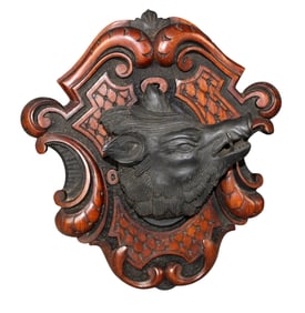 Black Forest carved walnut boar's head trophy mount