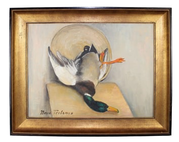 Marie Terlamen (Belgian, XX) oil on canvas still life with duck