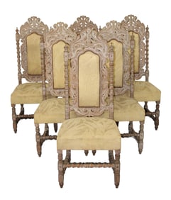 Set of 6 French carved and weathered oak side chairs with acanthus scrolls