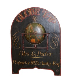 English painted wood pub sign with globe in relief - Globe Tap
