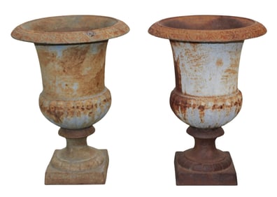 Pair of classical cast iron garden urns