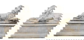 Pair Belgian cast garden laying lions on pedestals