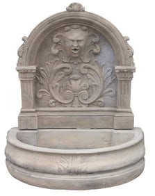 Belgian cast garden stone wall fountain with mythological mask