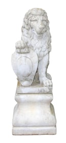 Cast concrete seated entry lion with lion, On pedestal