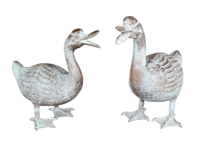 Lot of 2 bronze geese garden sculptures