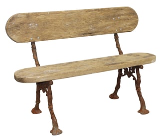 French garden bench on cast iron naturalistic bench with oak seat and back