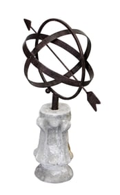 Iron garden armillary sundial mounted on cast garden pedestal