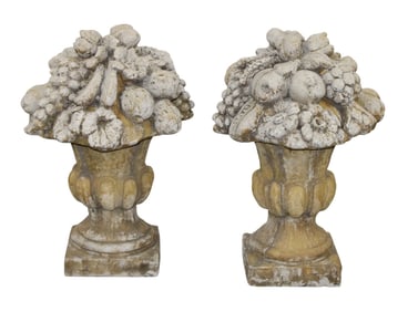 Pair cast garden stone fruited urns