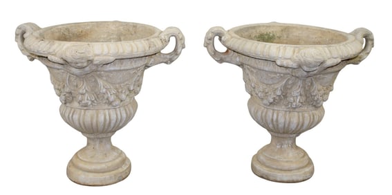 Pair of classical cast concrete garden urns