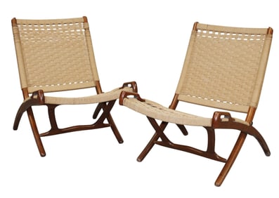 Pair of folding woven seat chairs after Hans Wegner model JH512