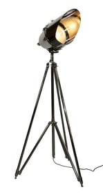 Ralph Lauren stainless steel theatre spotlight floor lamp on tri-pod base