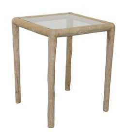 Faux bois bleached wood side table with glass top