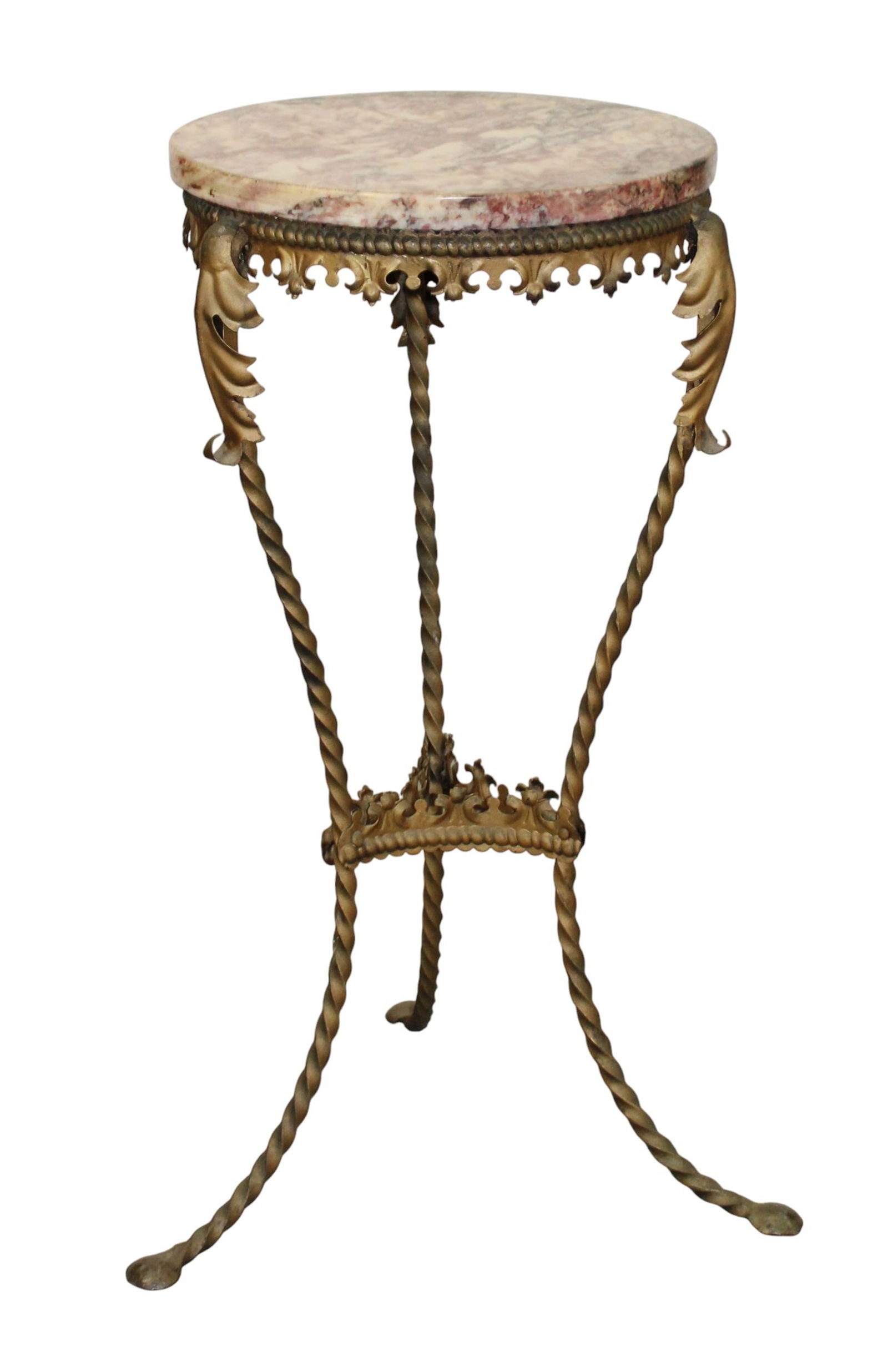Spanish tapas table or plantstand on iron base with marble top: Spanish tapas table or plantstand on iron base with marble top. Mid 20th century. 27 1/4"h x 13"diam (top) 16"diam (base).