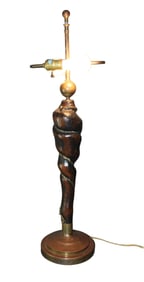 Brutalist wooden sculptural form lamp on copper base
