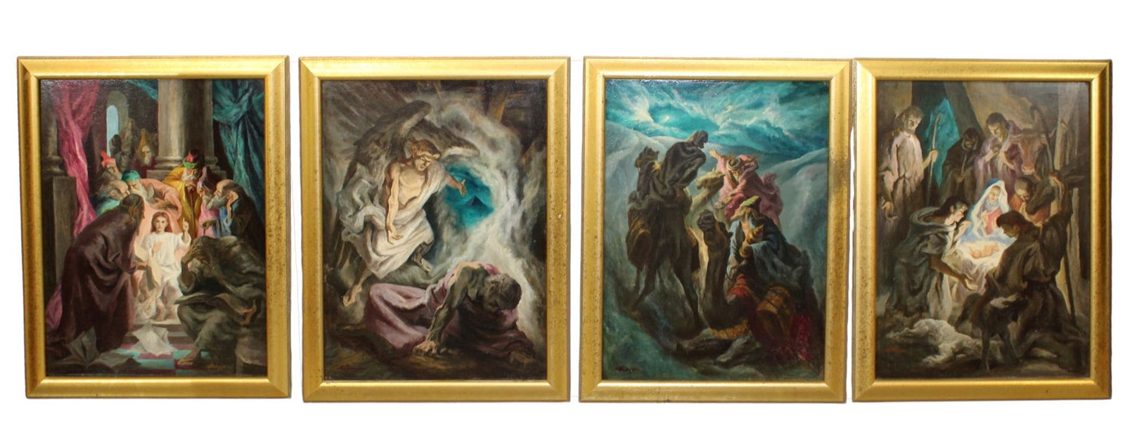 "A Christmas Story" 4 painting series by Gustav Rehberger: "A Christmas Story" 4 painting series by Gustav Rehberger (Austrian-American, 1910- 1995). Each overall: 34 1/8"h x 26 1/4"w. Each sight: 29 3/8"h x 21 5/8"w. Weight: 9 lbs each