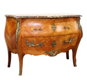 French Louis XV style bombe 2 drawer commode with bronze ormolu's and marble top