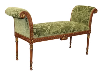 Louis XVI style window bench with rolled arms and gilt detail