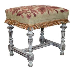 French foot stool on painted turned base with needlepoint seat
