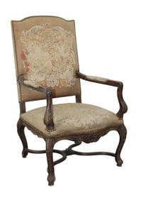 French Louis XV style carved walnut fauteuil with needlepoint
