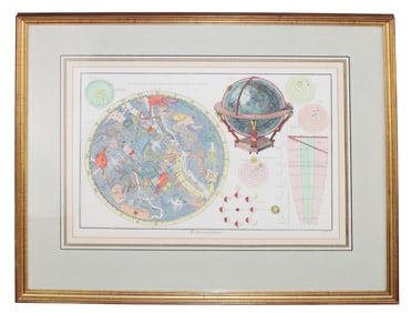 French hand colored engraving depicting planisphere