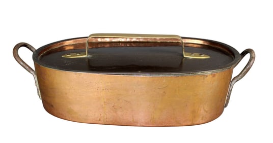 French copper oval lidded stew pot