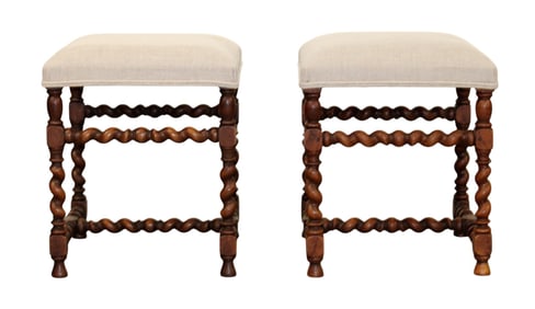 Pair of French stools in walnut with barley twist legs & upholstered seats