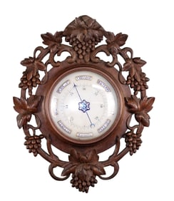 French wall mount oak barometer with pierce carved grapevine motif