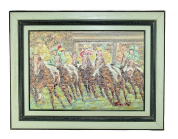 Mario Passarelli (Italian, 1930-) oil on canvas painting of horse racing