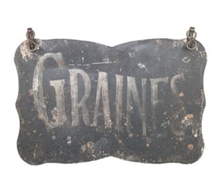 French double sided painted iron trade sign "Graines"