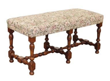 French 6 leg bench in oak on turned legs with floral upholstered seat