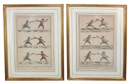 Lot of 2 French handcolored engravings depicting fencing rules diagram