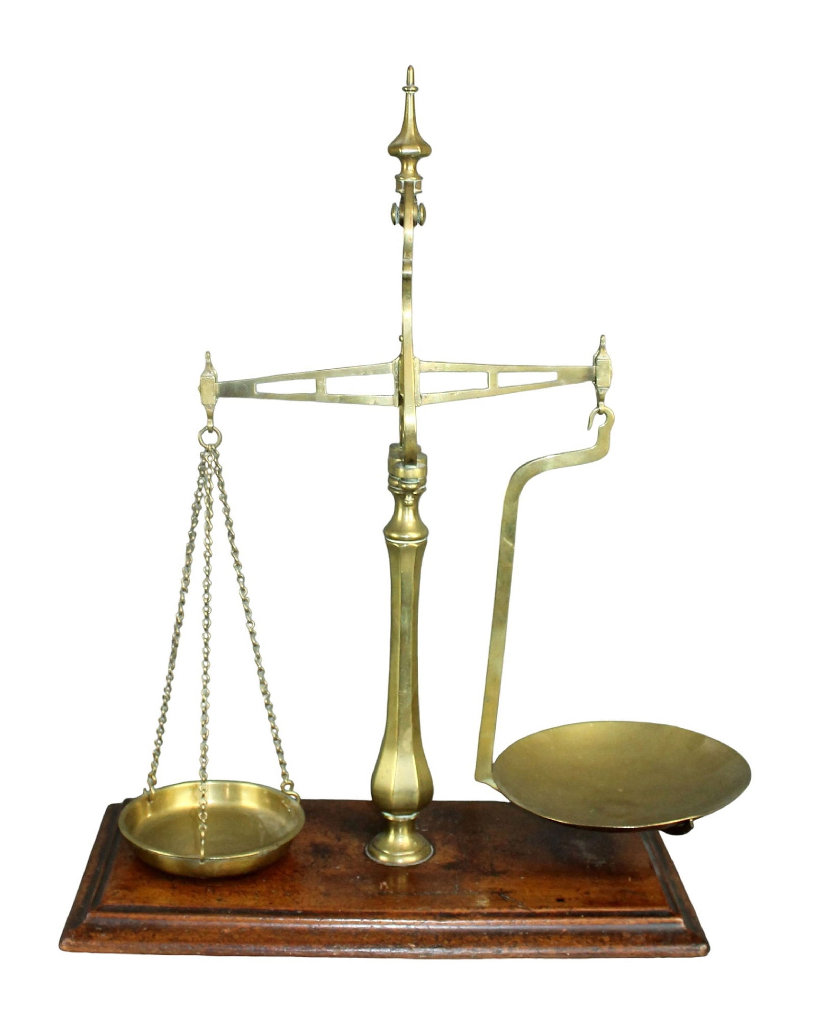 Brass pharmacy scale on wooden base with weights and brass pans (1 of 10)
